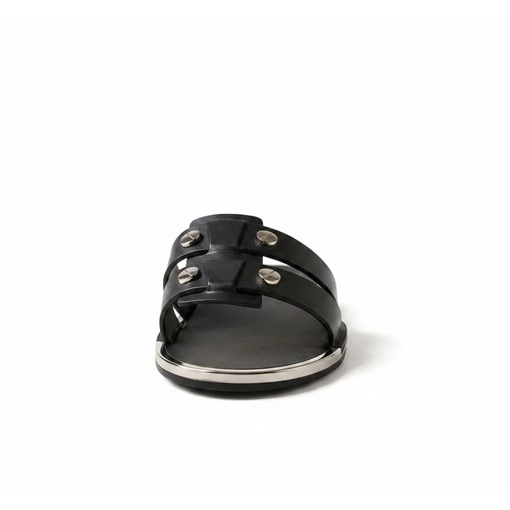 DKNY Glynn Black Leather Studded Slide Sandals Slip On Flats Womens Size 7.5 New